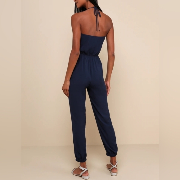Lulus Learning to Fly Navy Halter Jumpsuit Pockets - Women's Large - Picture 2 of 11